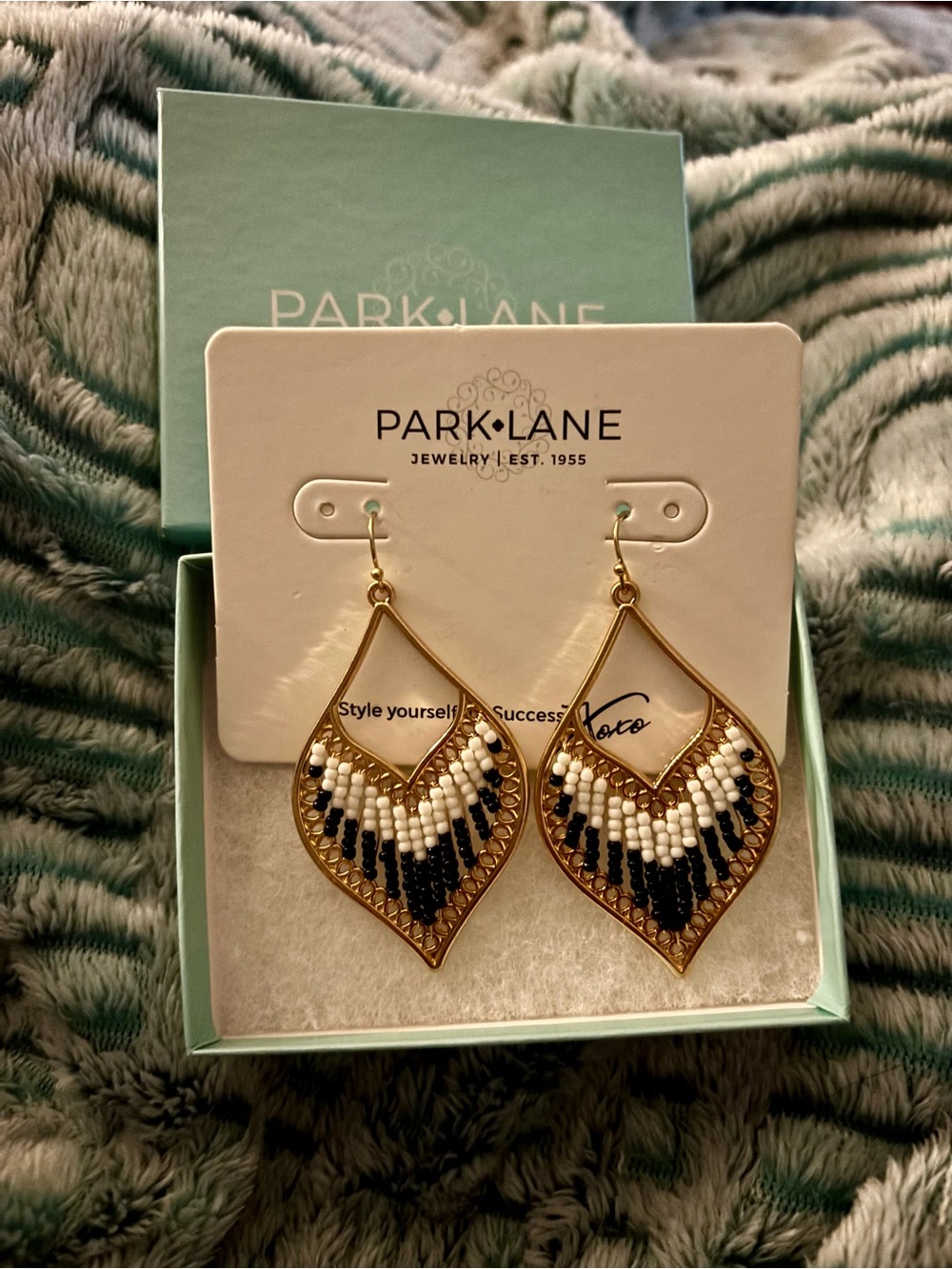 Park Lane Gold Teardrop Earrings with Black & White Beads